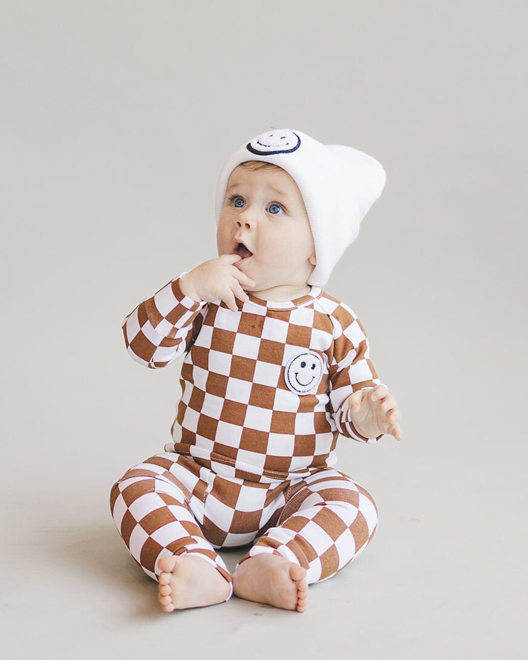 newborn baby cotton lounge set two piece checkered set kids lucky panda kids lounge tan white checkers