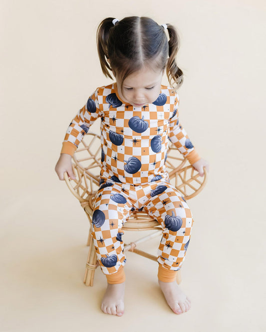 gender neutral viscose bamboo pajama set pumpkins and orange checkered pj set kids bamboo pajamas