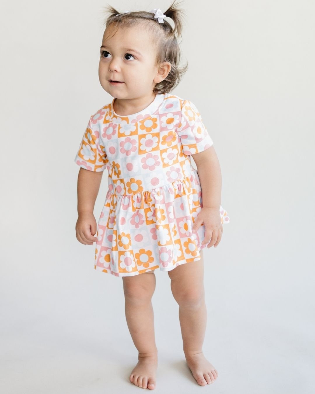 retro baby girls cotton dress pink flowers checkered girl dress pink orange checkered dress with flowers baby retro 