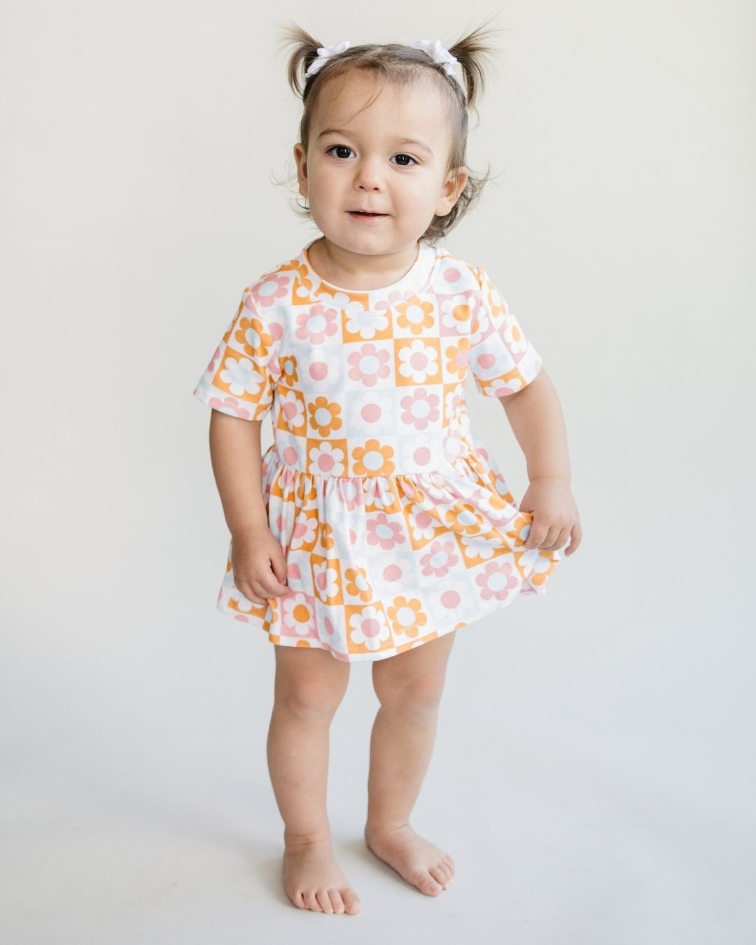 retro baby girls cotton dress pink flowers checkered girl dress pink orange checkered dress with flowers baby retro 