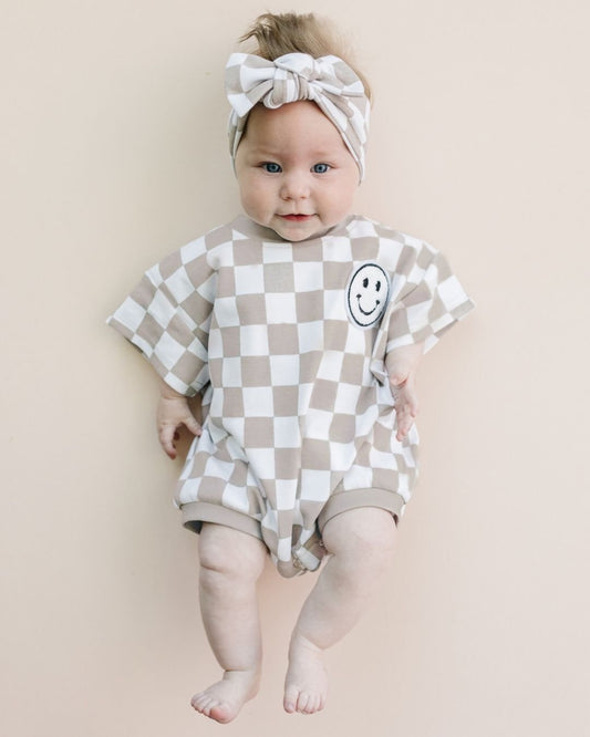 neutral baby cotton checkered bubble romper kids short sleeve cotton romper baby checker onesie kids tan checker jumper baby