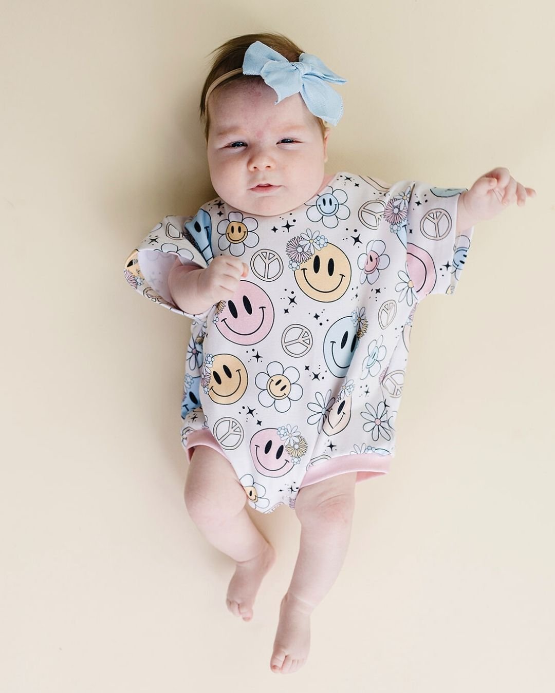 pink baby girl short romper smiley flowers peace signs cotton girls onesie pink