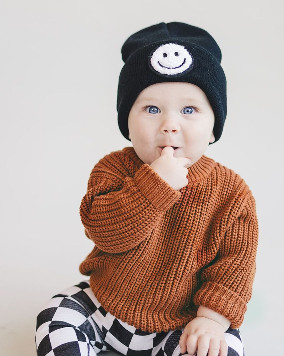 baby black beanie hat kids smiley face 