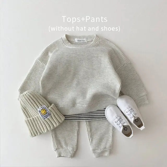  MilkBabyCo’s Cotton light gray long sleeve ribbed sweater and matching pants set for infant babies and toddler in pink, perfect for autumn fall or winter fashion.